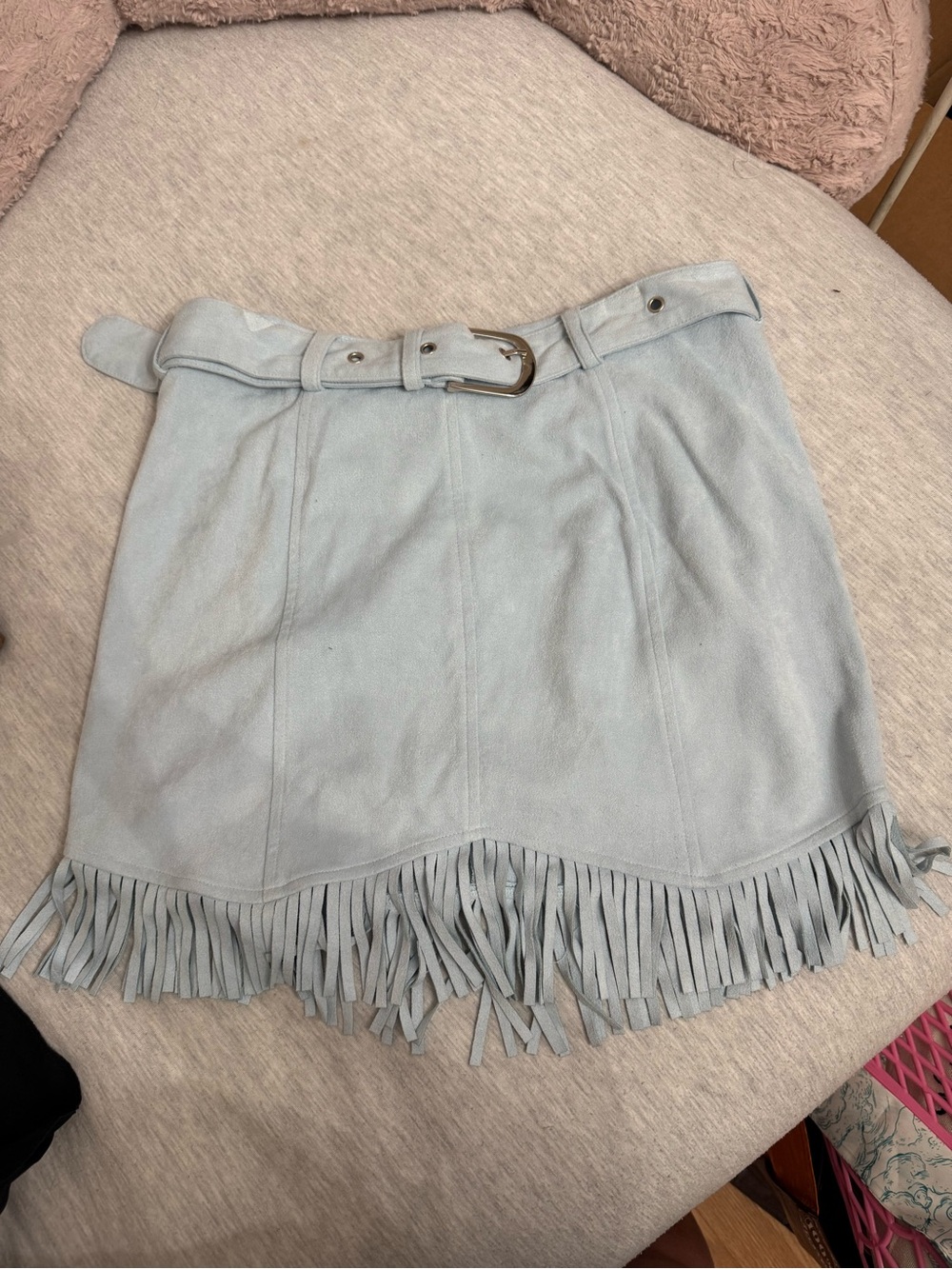 Kittenish Light Blue Faux Suede Fringed Mini Skirt with Belt